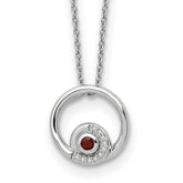 Sterling Silver Rhodium-Plated Plated White Ice .05ct. Diamond & Garnet With 2 Inch Extention Neckl